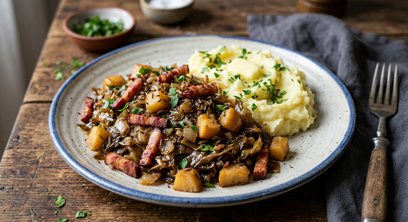 Schmorkohl mit Schinken, Apfel und Kuemmel aus Kartoffelstampf