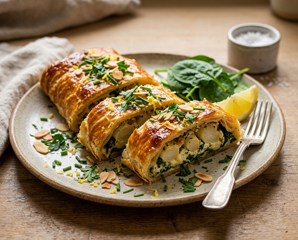 Spargel in Blätterteig mit Kräutern, Zitronenmandeln und Spinat