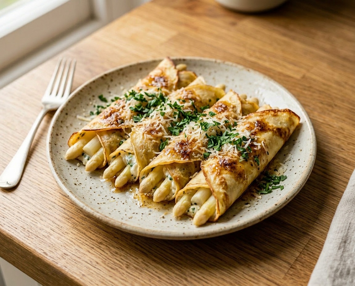 Spargel in Crêpes mit Frischkäse und gebräunter Butter