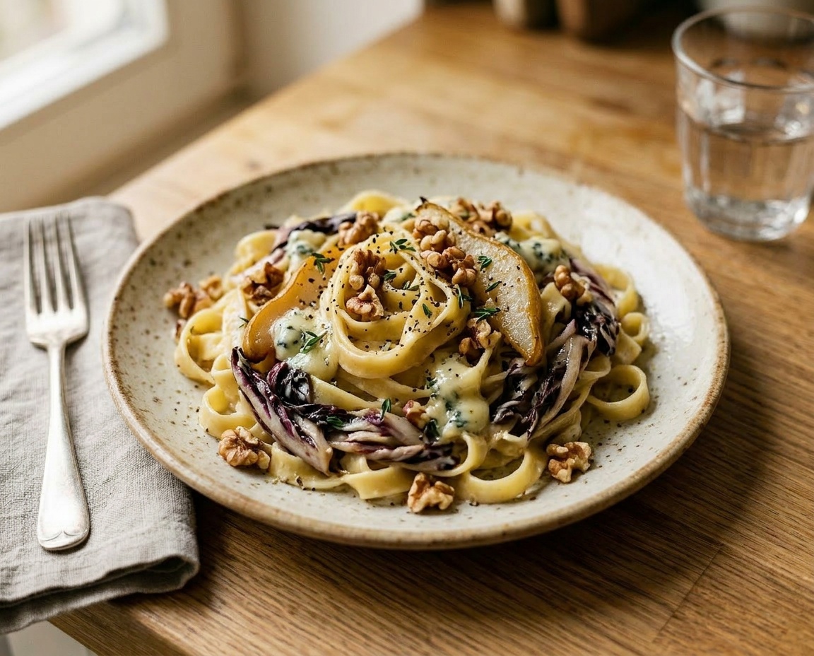 Tagliatelle mit Radicchio, Gorgonzola, Birne und Walnuss