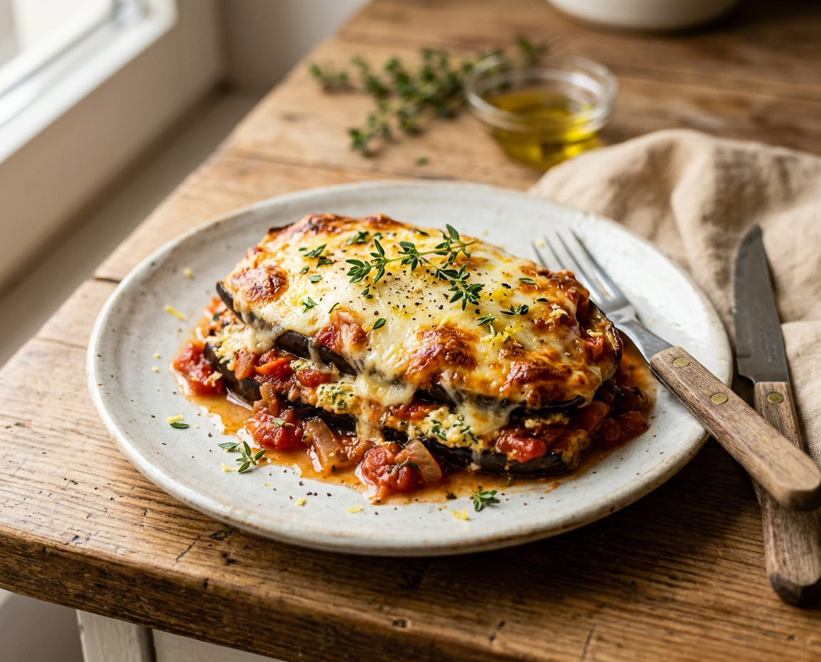 Überbackene Aubergine mit Frischkäse, Tomaten und Thymian