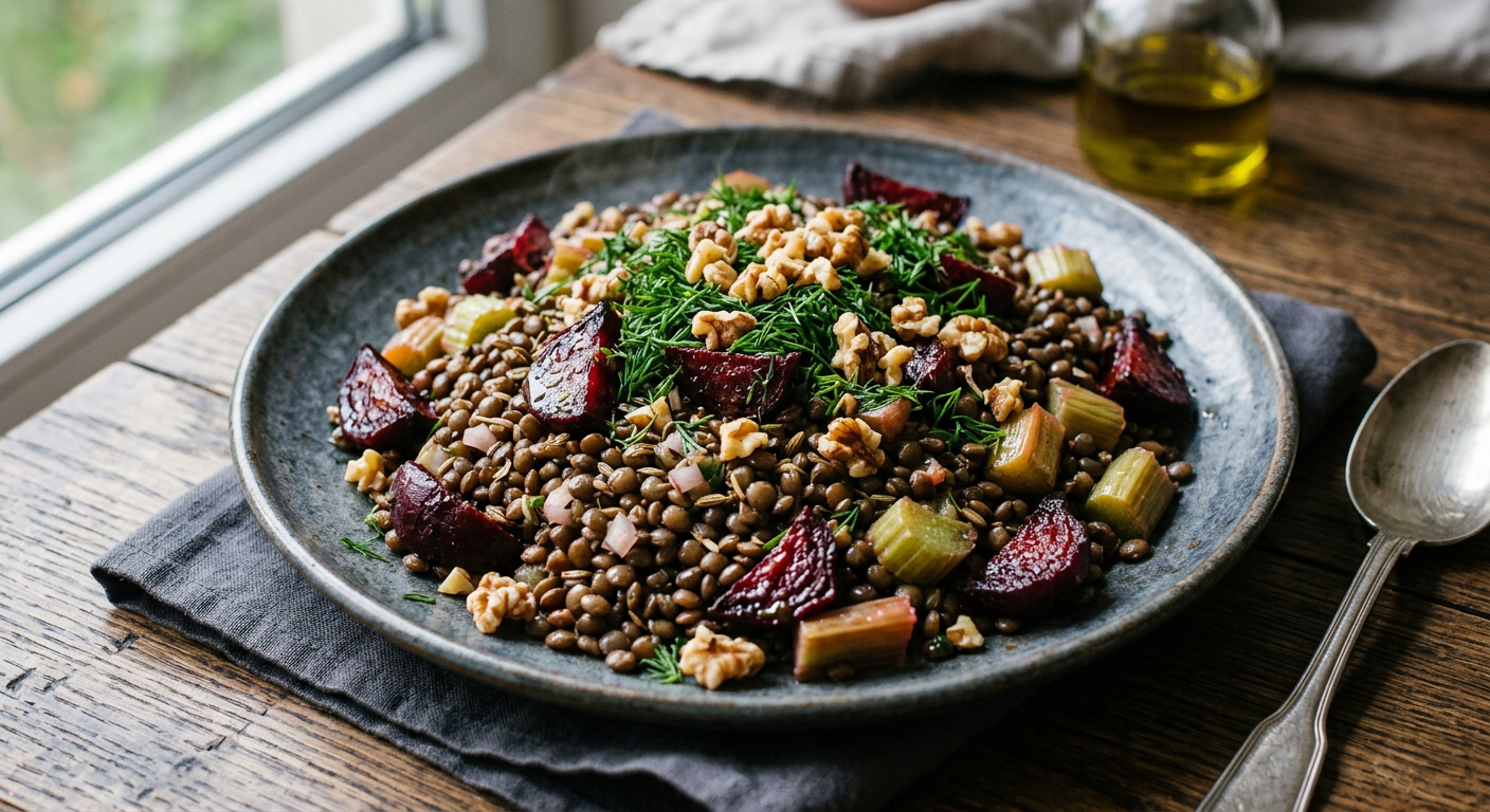 Warmer Rhabarber-Linsen-Salat mit Ofen Rote Bete