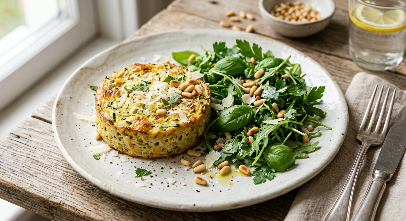 Zucchini-Flan mit Parmesan, Kraeutersalat und Pinienkernen