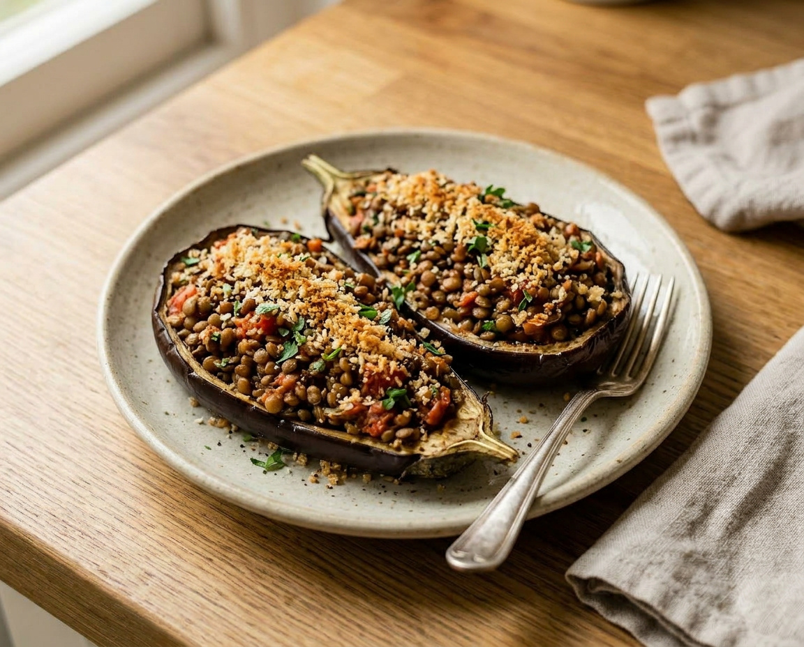 Gebackene Aubergine mit Tomaten-Linsen-Füllung