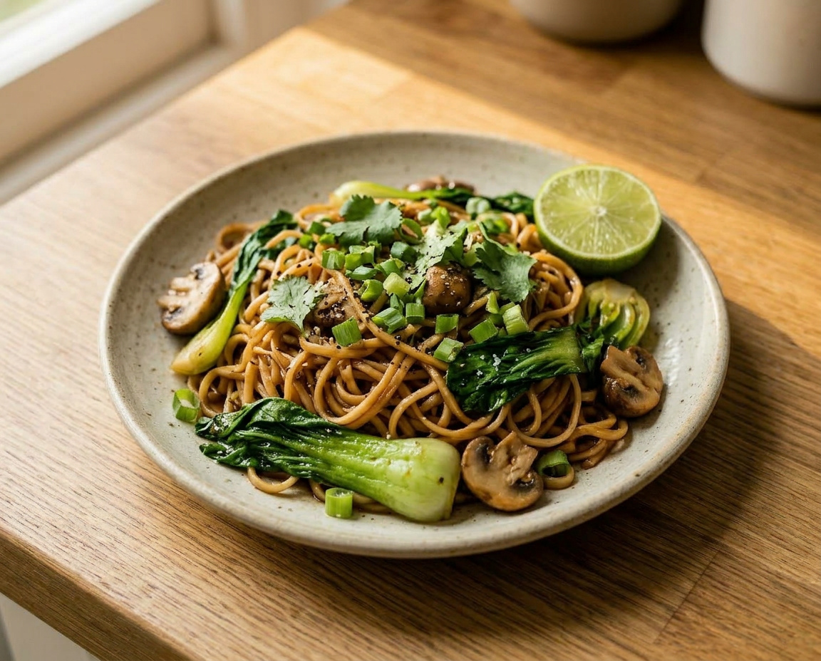 Gebratene Reisnudeln mit Pak Choi, Pilzen und Limetten-Sauce