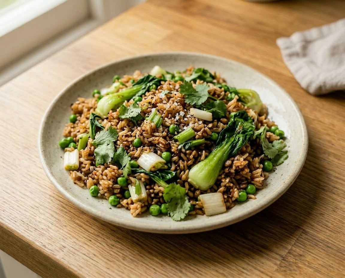 Gebratener Reis mit frischen Erbsen und Pak Choi