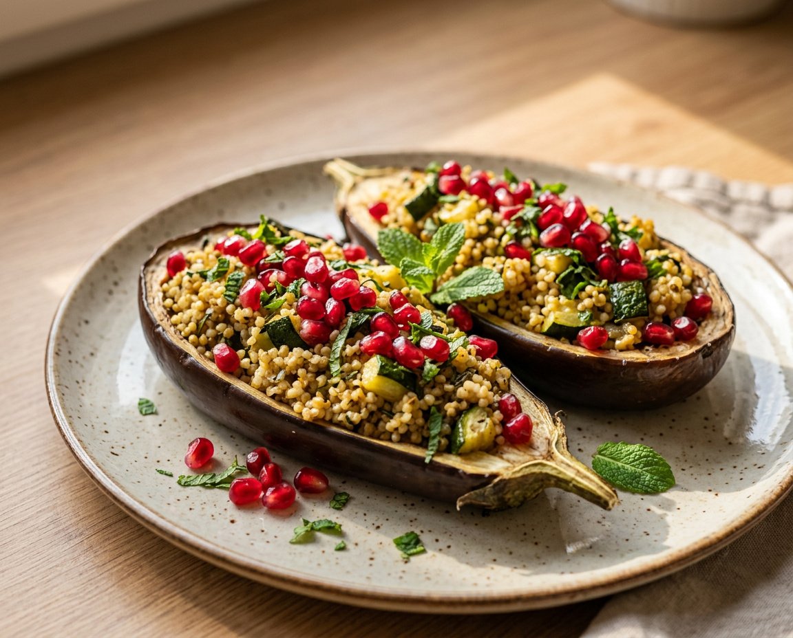 Gefüllte Aubergine mit Hirse, Granatapfel und Minze