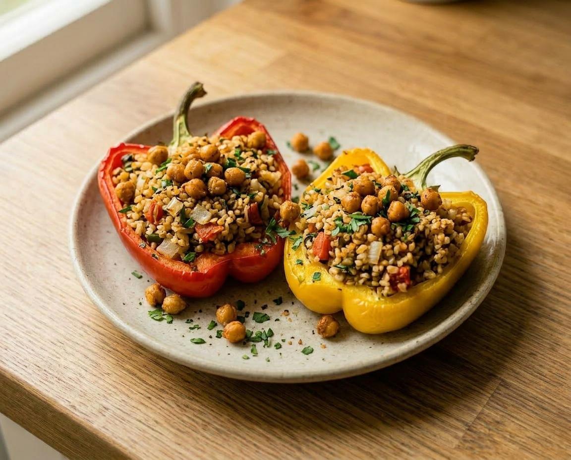 Gefüllte Paprika mit Bulgur und gerösteten Kichererbsen