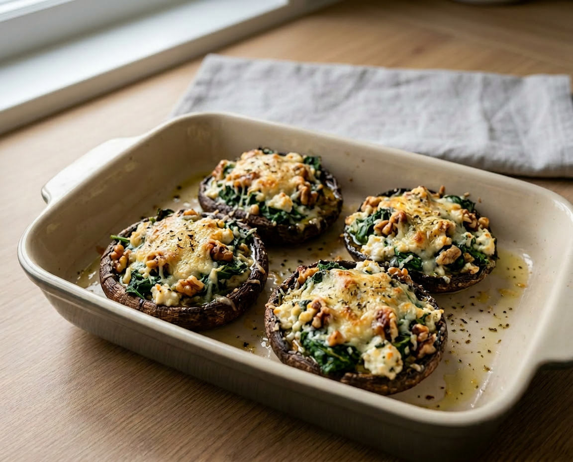 Gefüllte Portobello-Pilze mit Spinat und Walnüssen