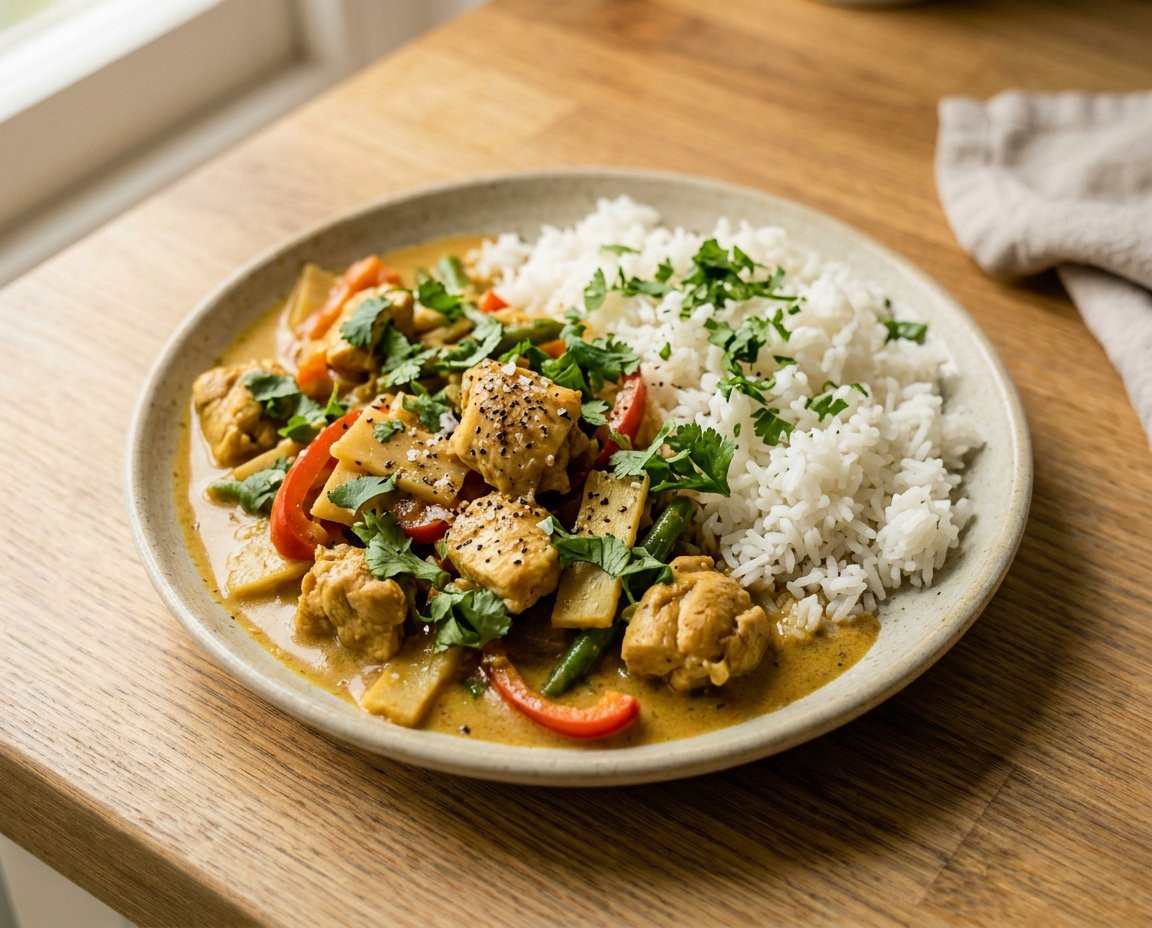 Hähnchen-Kokos-Curry mit Gemüse und Reis