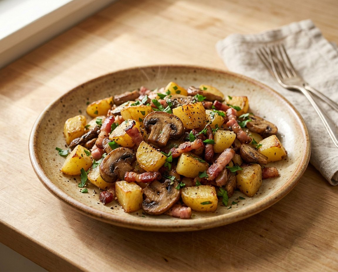 Kartoffel-Pilz-Pfanne mit Speck und Petersilie