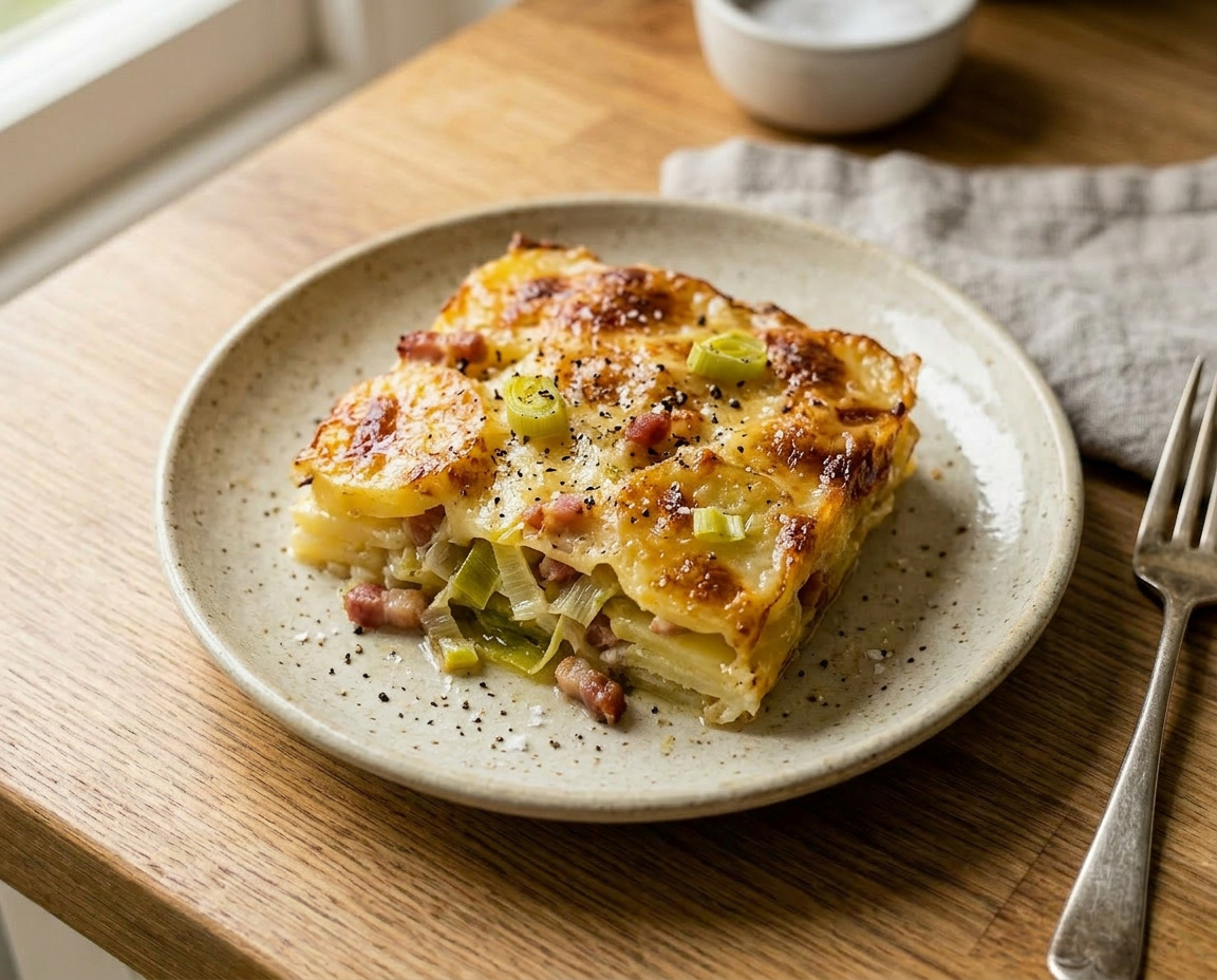 Kartoffelgratin mit Lauch und Speck
