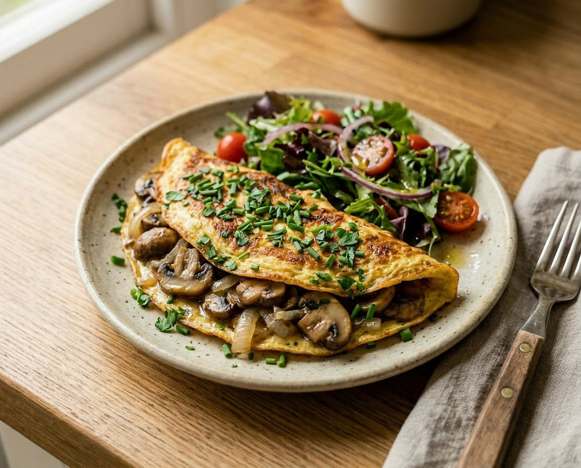 Kräuteromelett mit Champignons und Salat