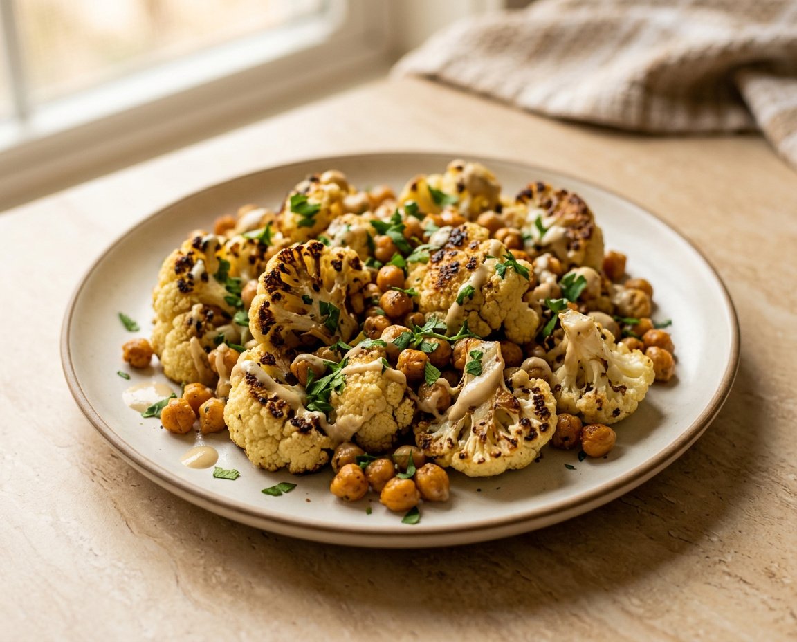 Ofen-Blumenkohl mit Tahin, Kichererbsen und Zitronen-Dressing