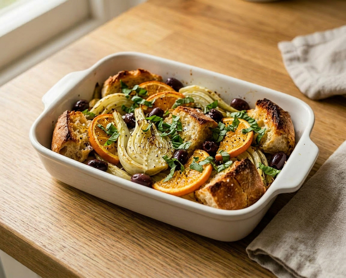 Ofen-Fenchel mit Orangen, Oliven und Ciabatta