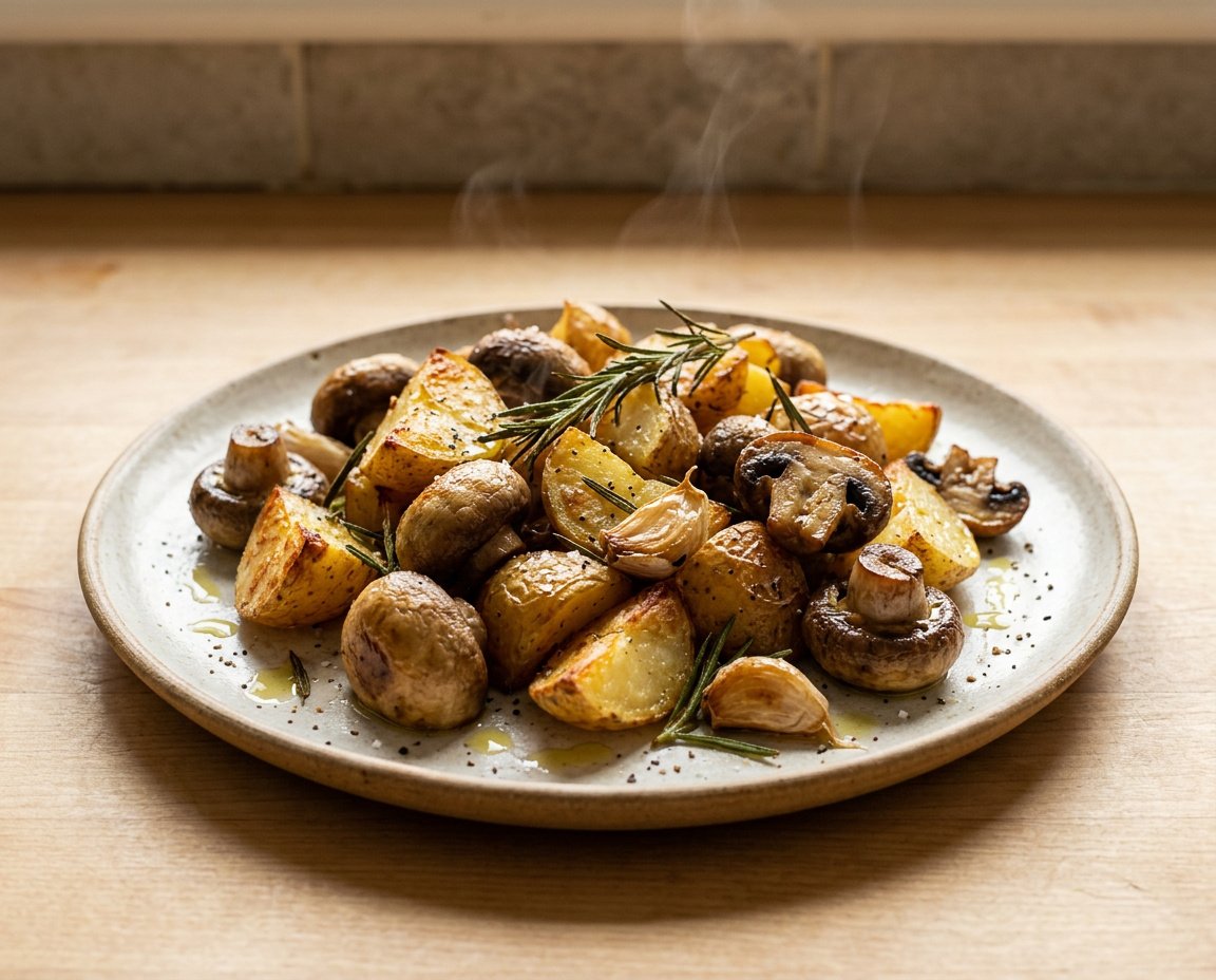 Ofen-Kartoffeln mit gebackenen Champignons, Knoblauch und Rosmarin