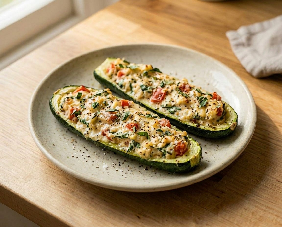 Ofen-Zucchini mit Frischkäse, Tomate und Kräutern