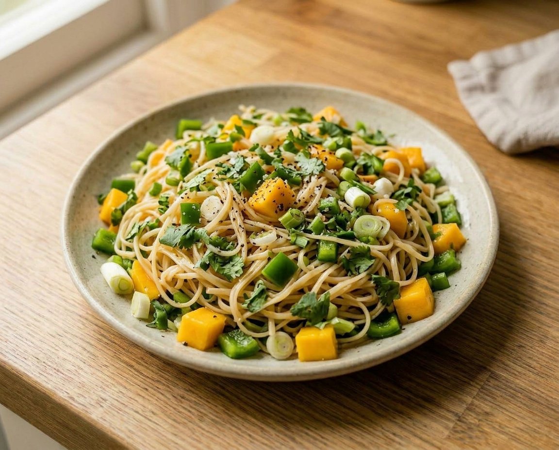 Reisnudelsalat mit grüner Paprika, Mango und Limetten-Dressing