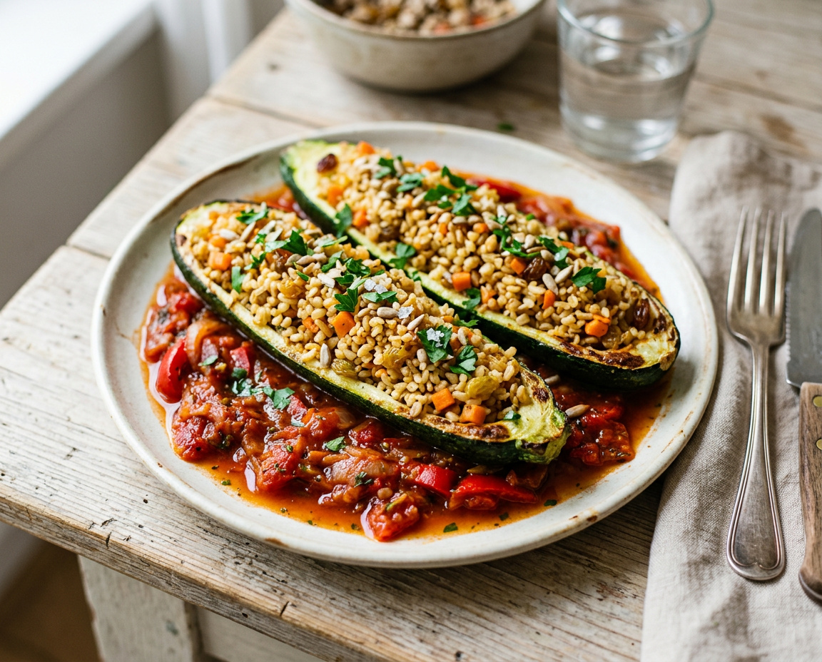 Gefüllte Zucchini mit Bulgur, Möhren und Tomaten-Paprika-Sauce