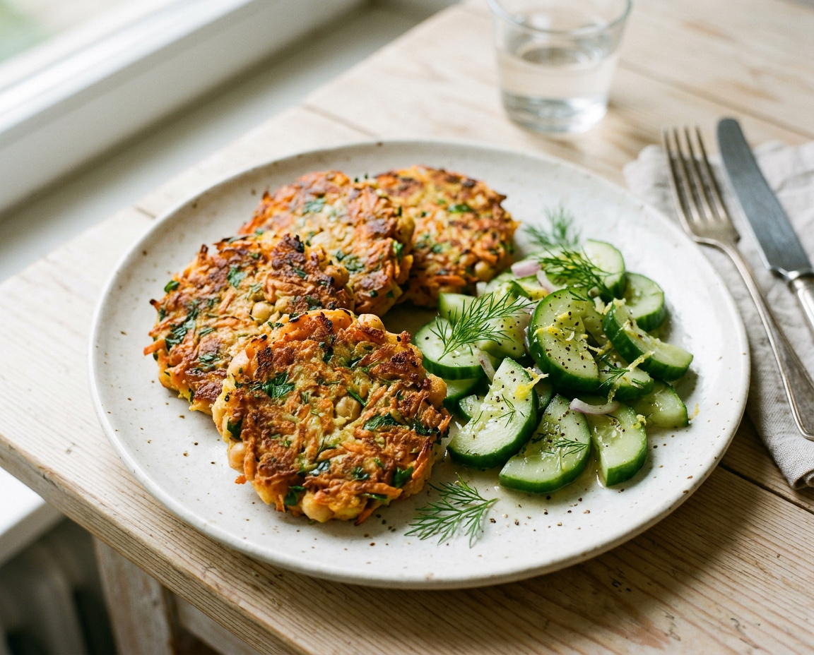 Kartoffel-Kichererbsen-Taler mit Schmorgurke und Dill