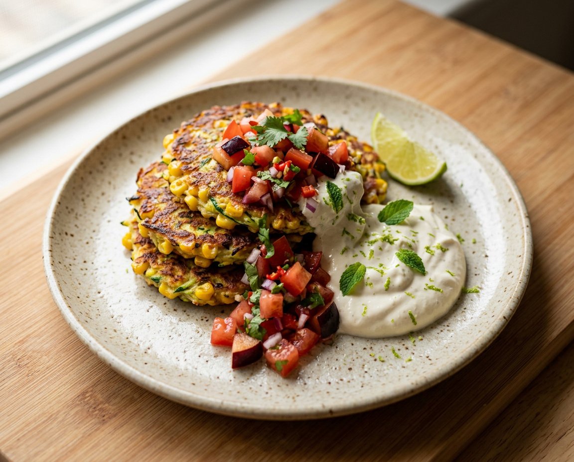 Mais-Zucchini-Puffer mit Tomaten-Pflaumen-Salsa und Limettencreme
