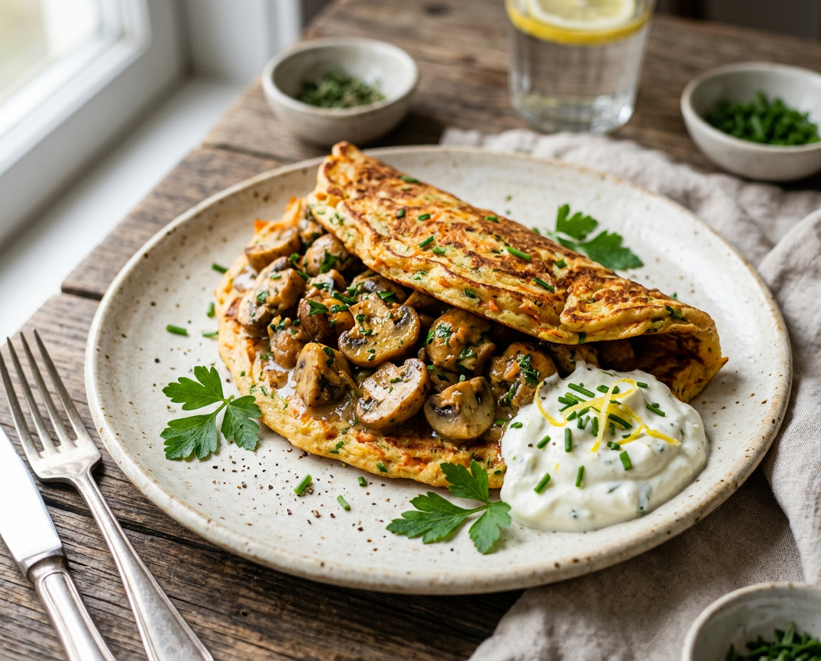 Möhren-Kräuter-Pfannkuchen mit Pilzragout und Zitronenquark