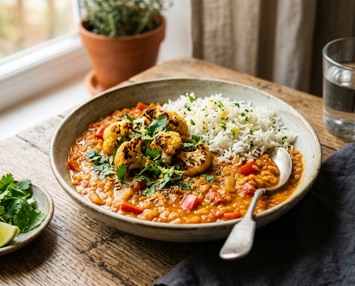 Paprika-Linsen-Dal mit geröstetem Blumenkohl und Zitronenreis
