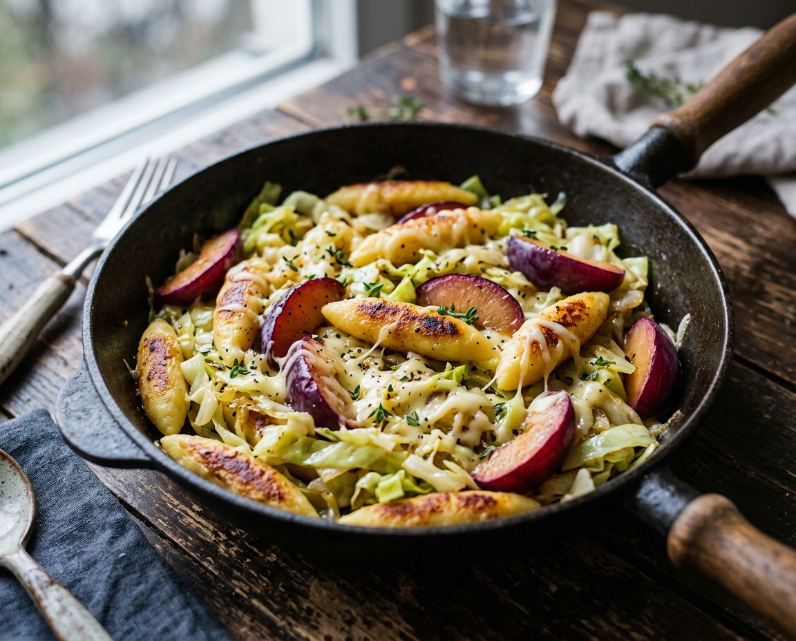 Pflaumen-Kartoffel-Schupfnudeln mit Spitzkohl, Bergkäse und Thymian