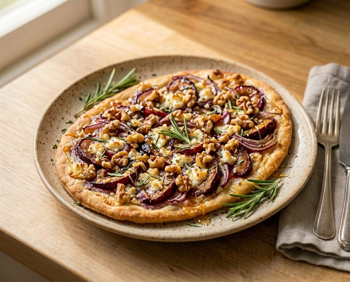 Pflaumen-Ziegenkäse-Flammkuchen mit roten Zwiebeln