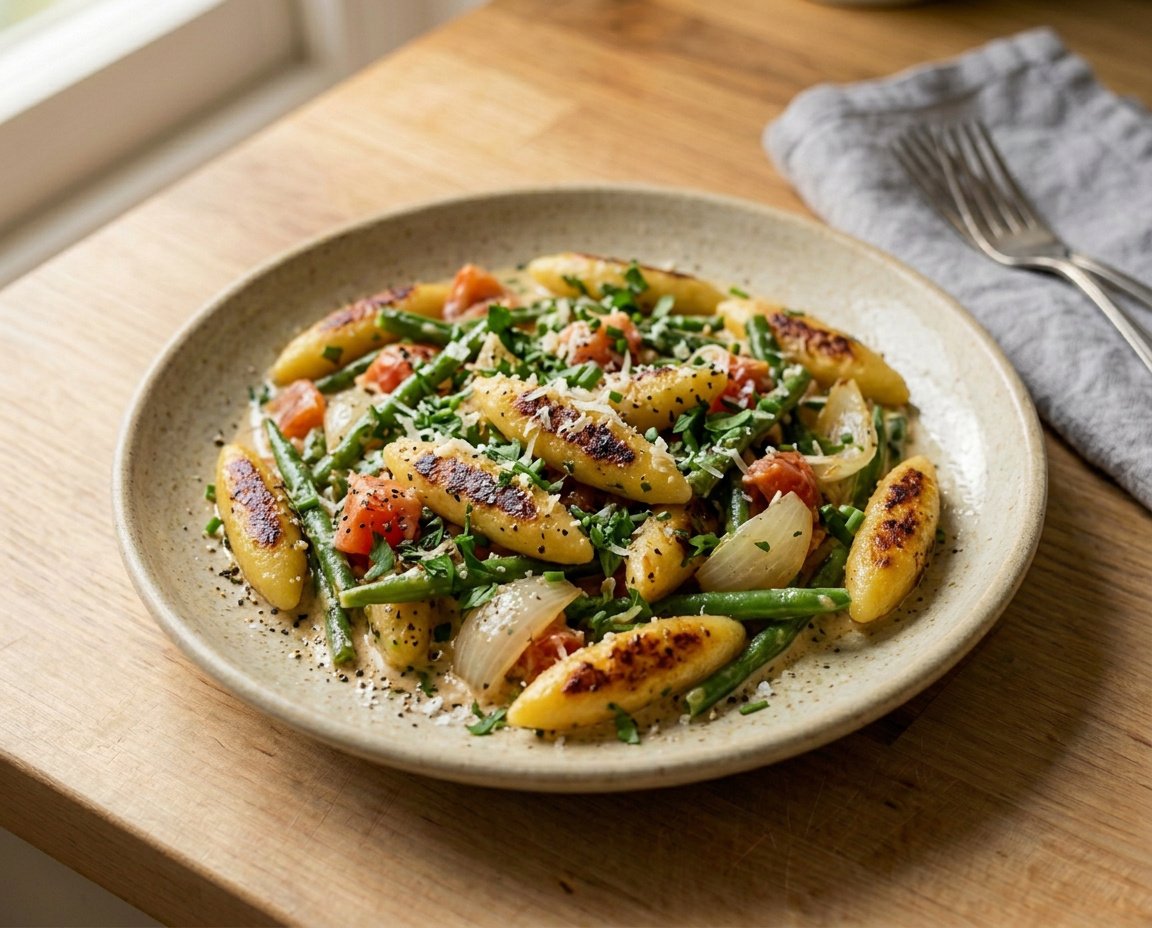 Schupfnudelpfanne mit Bohnen und Kräuterrahm
