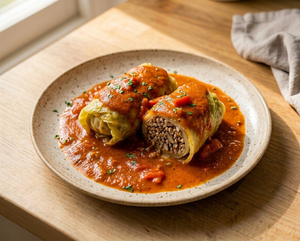Spitzkohlrouladen mit Buchweizen, Pilzen und Paprikasauce