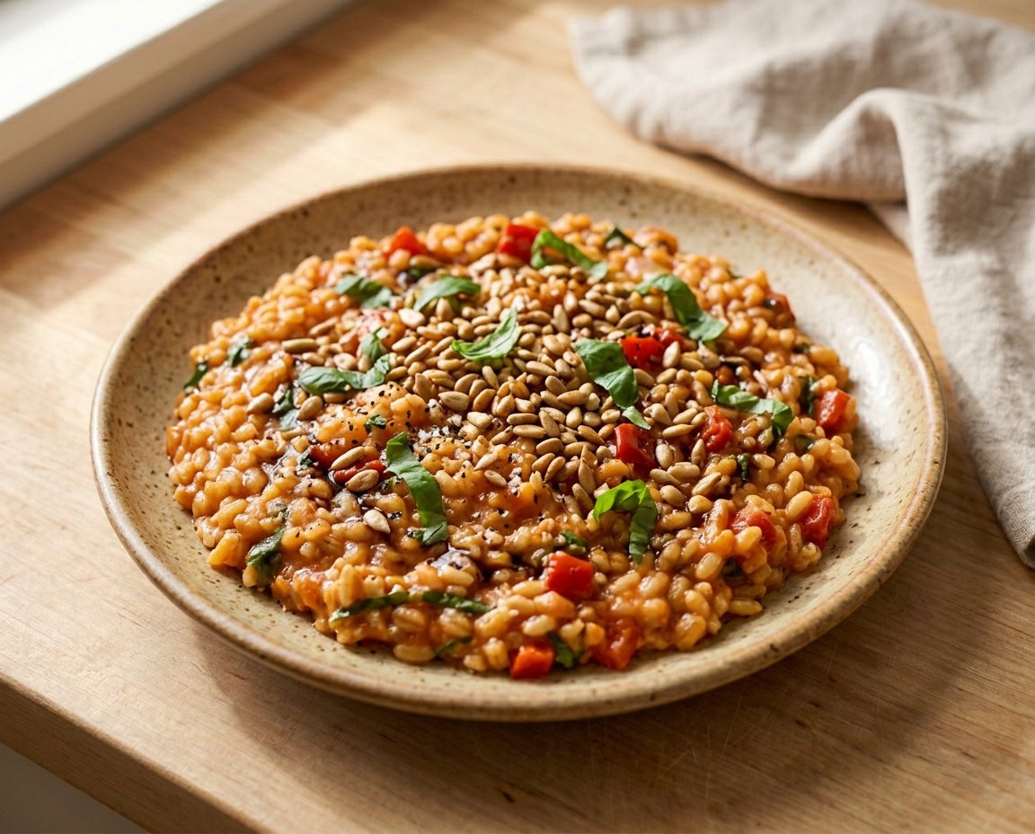 Tomaten-Paprika-Graupenrisotto mit Sonnenblumenkernen und Basilikum