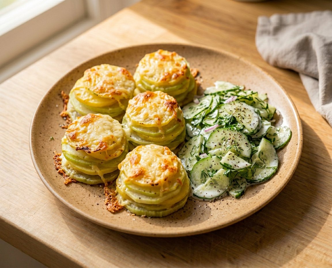 Überbackene Kohlrabi-Kartoffel-Türmchen mit Käse und Gurkensalat