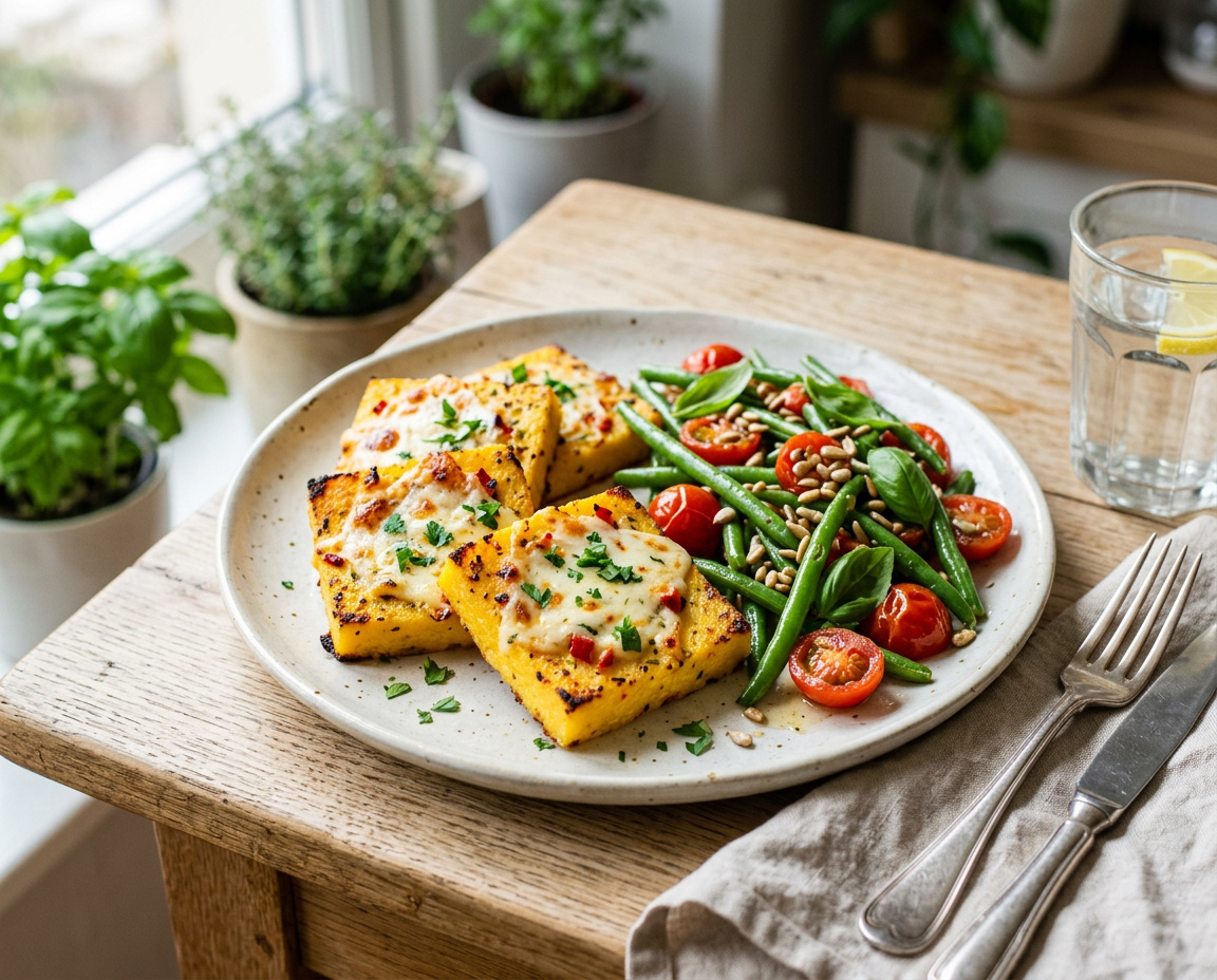 Überbackene Polenta-Schnitten mit Mozzarella und Tomaten-Bohnensalat