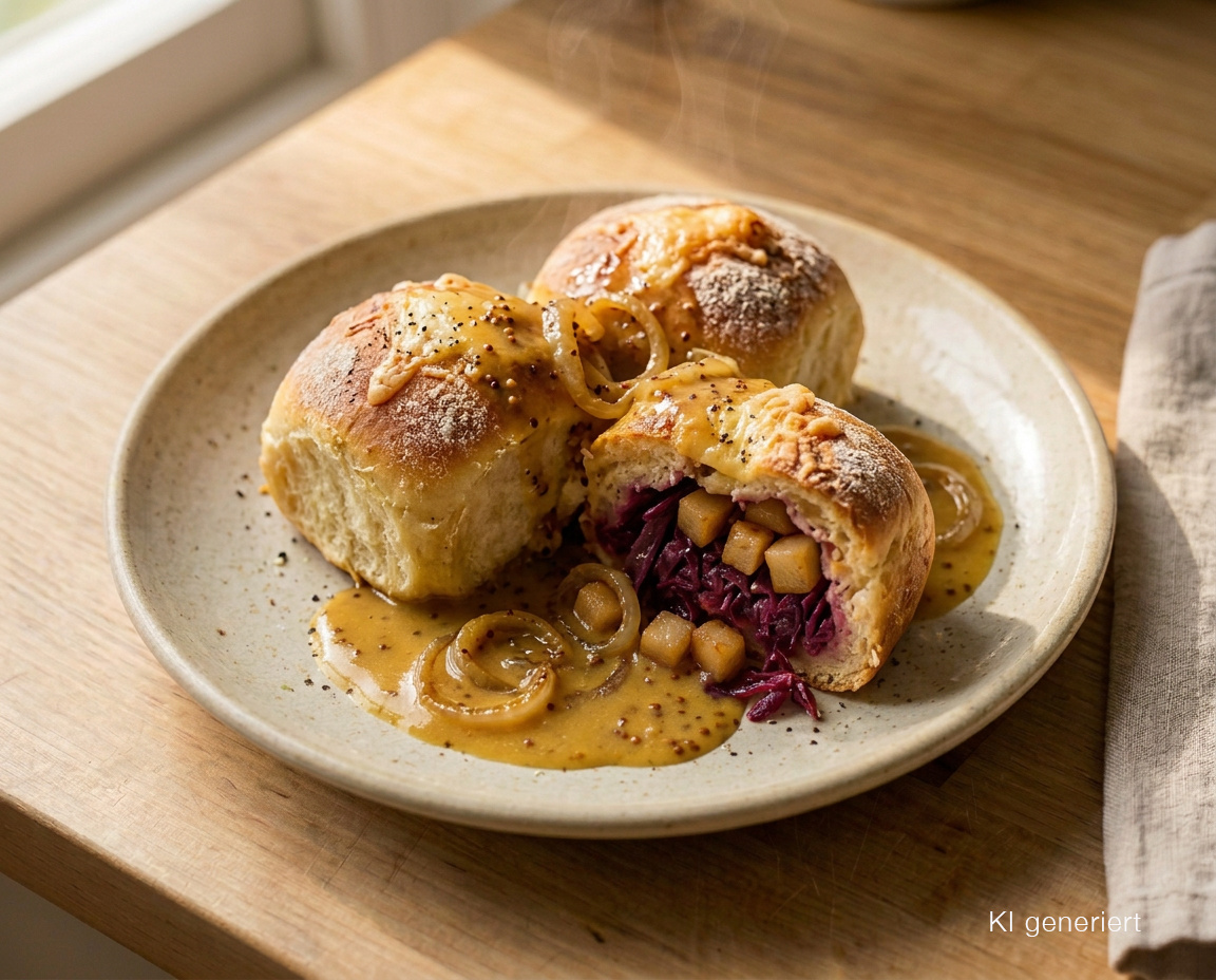 Gefüllte Käse-Buchteln mit Rotkohl-Birnen-Kern und warmer Senf-Zwiebel-Sauce