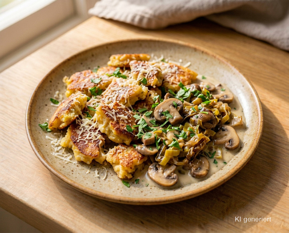 Herzhafter Kaiserschmarrn mit Pilz-Porree-Ragout und Bergkäse