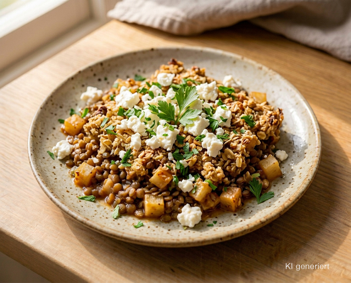 Herzhafter Sellerie-Birnen-Crumble mit Berglinsen und Feta