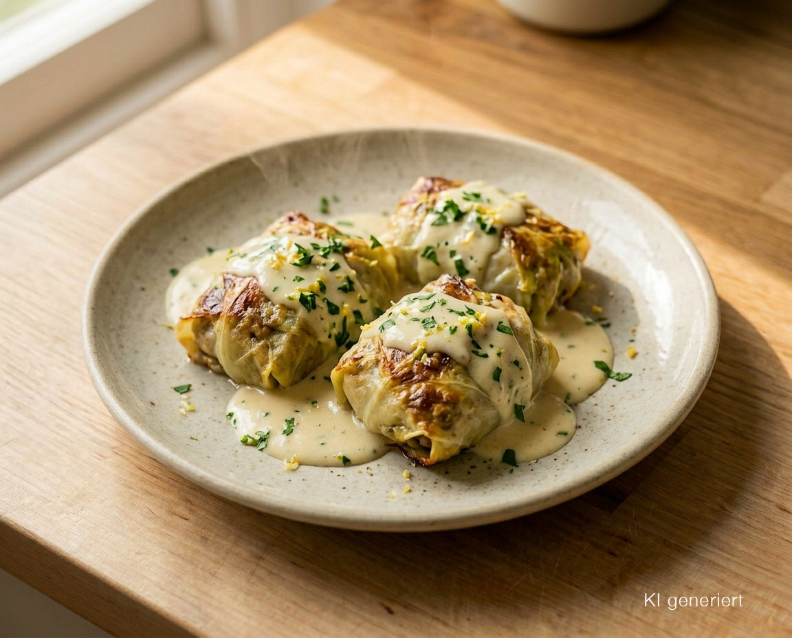 Kohlrabi-Päckchen mit Pilz-Hafer-Füllung und cremiger Petersilien-Zitronen-Sauce