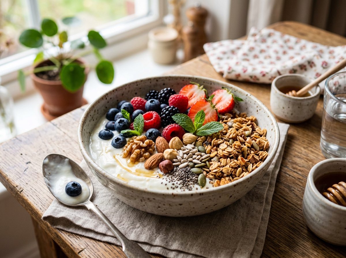 Proteinreiches Frühstück mit Joghurt, Beeren, Nüssen, Saaten und Müsli
