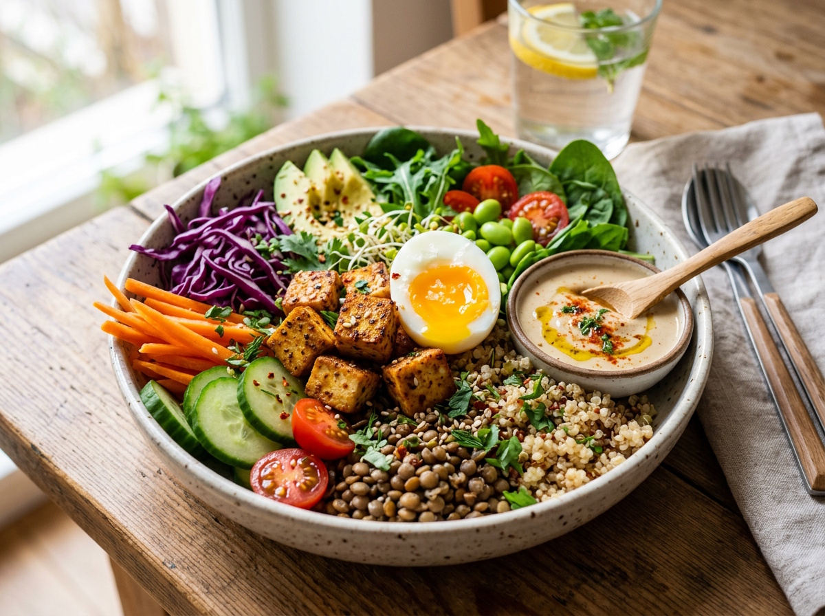 Bunte High-Protein-Bowl mit Hülsenfrüchten, Tofu, frischem Gemüse, Kräutern und Dip