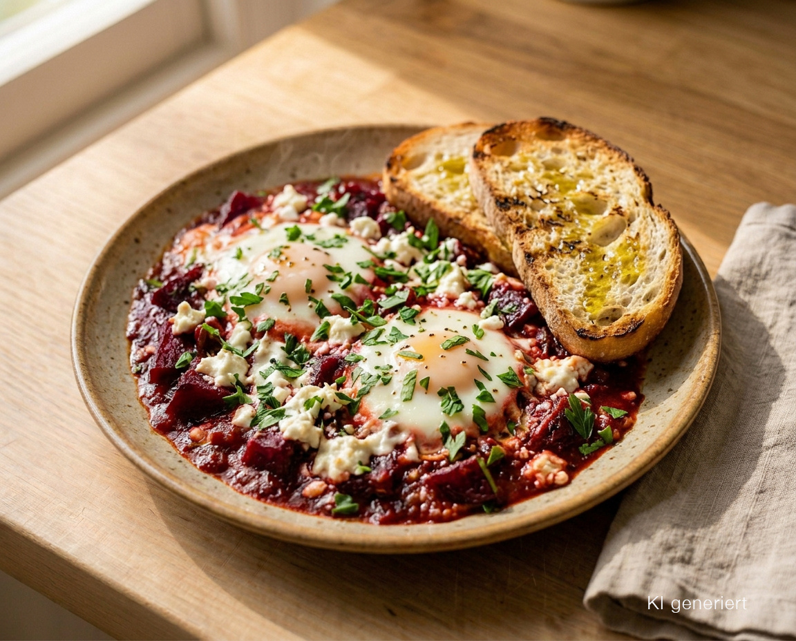 Rote-Bete-Shakshuka mit Feta, Eiern und geröstetem Ciabatta