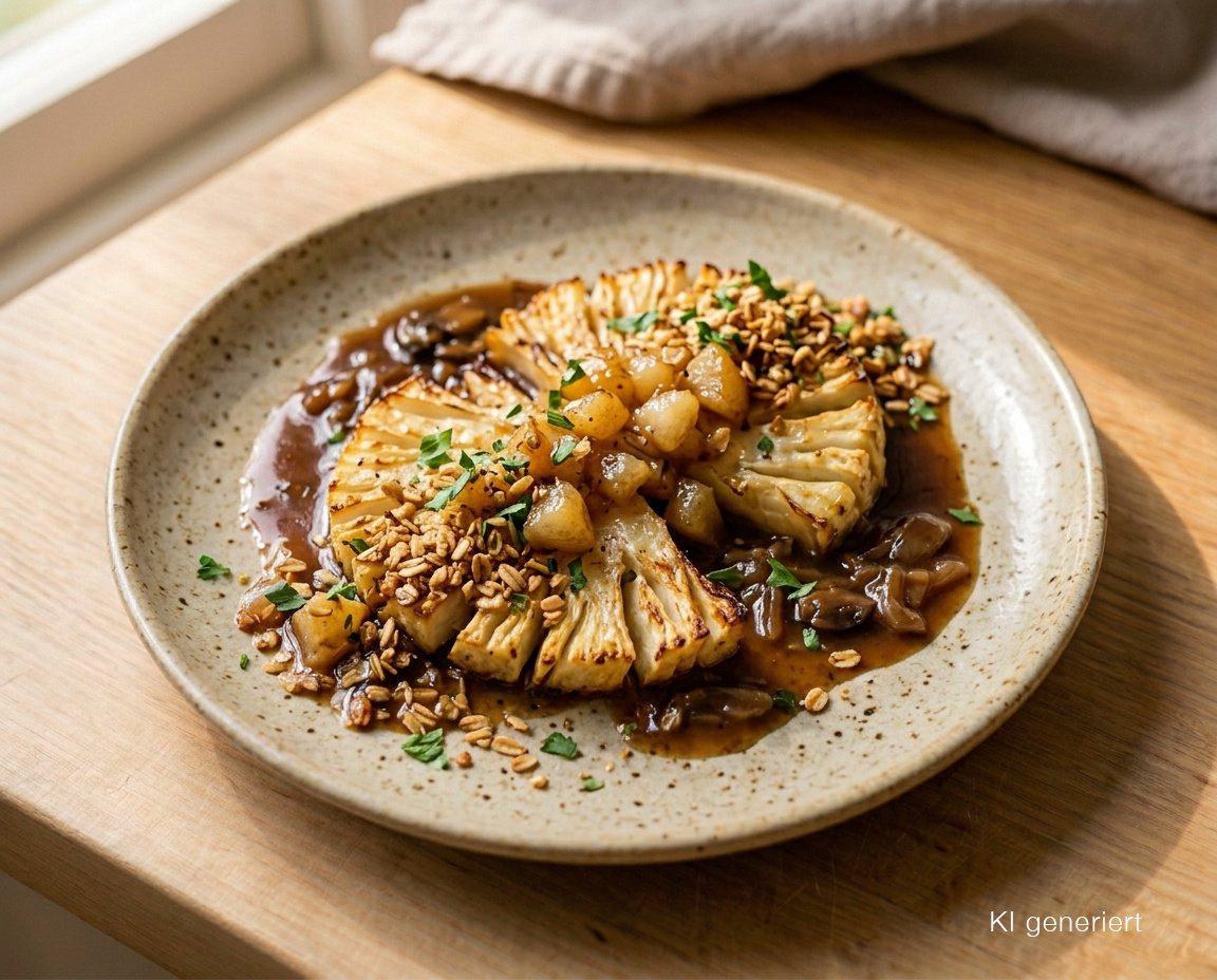 Sellerie-Fächer aus dem Ofen mit Pilz-Zwiebel-Jus, Birne und knusprigen Haferbröseln