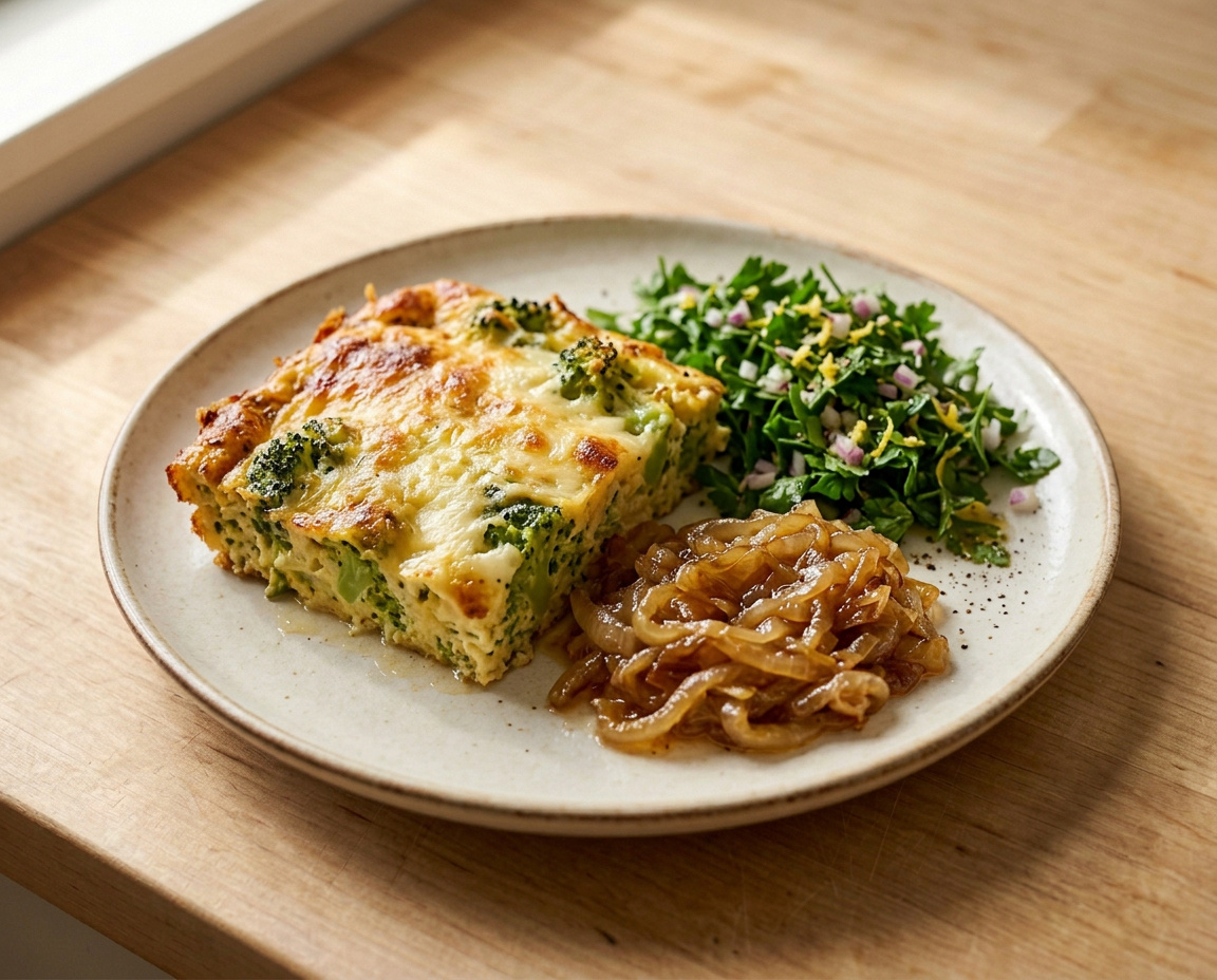 Brokkoli-Käse-Pudding mit langsam geschmolzenen Zwiebeln und Petersilien-Salat