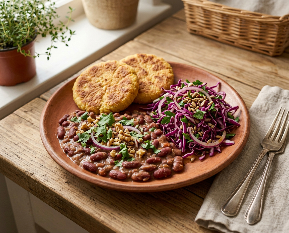 Georgisches Bohnen-Lobio mit Maisfladen und knackigem Rotkohl-Zwiebel-Salat