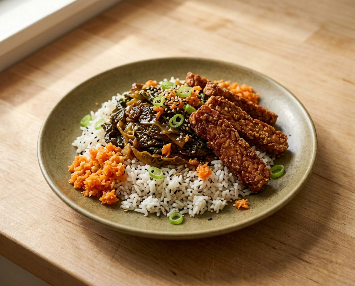 Geschmorter Wirsing mit knusprigem Tempeh, Sesamreis und Möhren-Ingwer-Relish