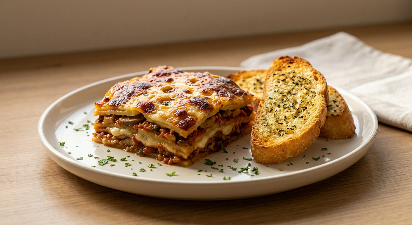 Kohlrabi à la Parmigiana mit Pilz-Tomaten-Ragù und knusprigem Kräuterbrot
