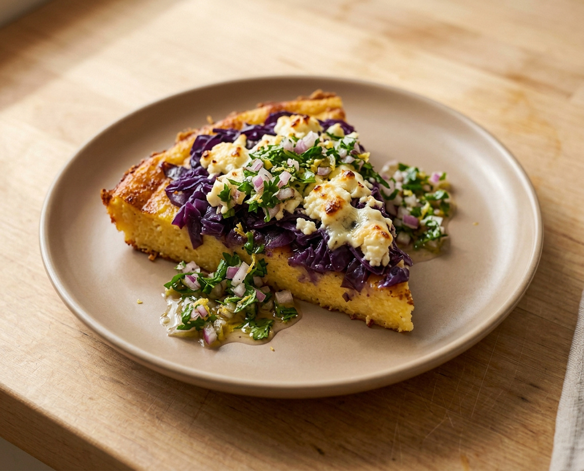 Polenta-Tortilla mit geschmortem Rotkohl, Feta und Zwiebel-Petersilien-Salsa