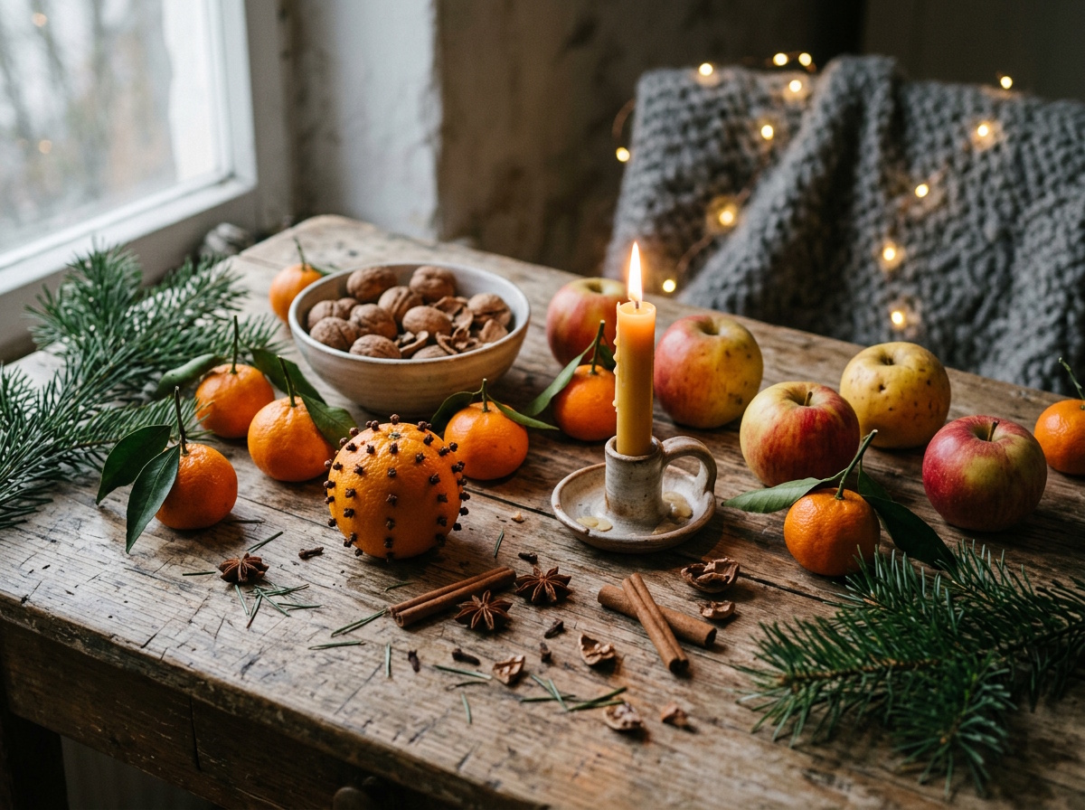 Bio-Mandarinen, Äpfel und Nüsse mit Tannenzweigen, Zimtstangen und einer Kerze auf einem Holztisch