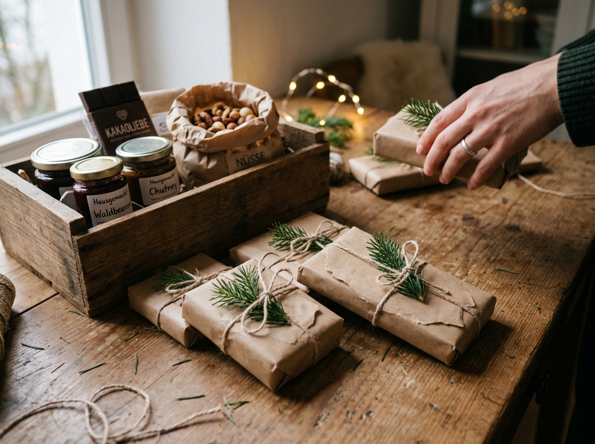 Mit Packpapier und Kordel verpackte Geschenke mit Tannenzweigen neben einer Holzkiste mit kleinen Spezialitäten
