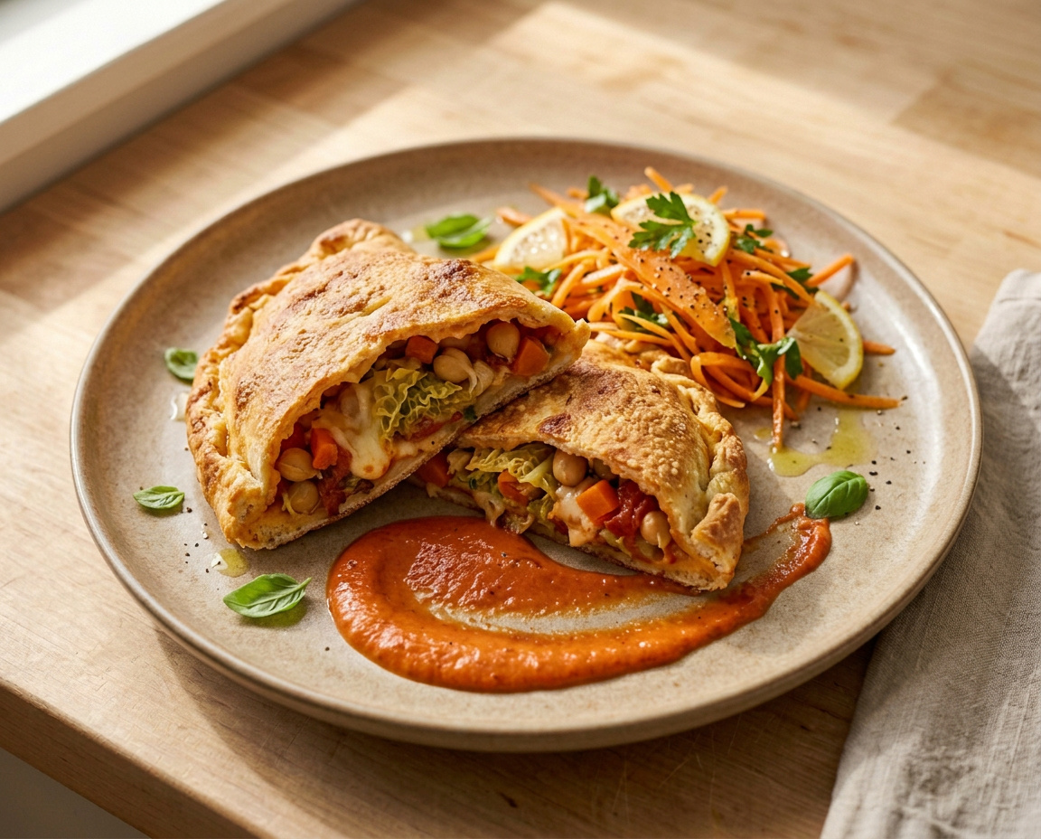 Wirsing-Kichererbsen-Calzone mit Möhren-Zitronen-Salat und würziger Tomatencreme